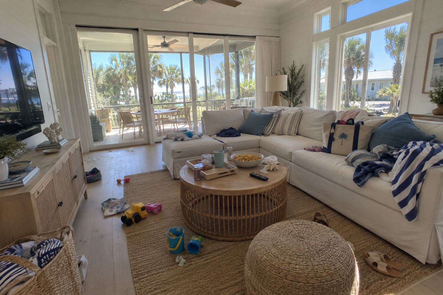 Beach house living room as photographed by the owner: dim, with toys and towels everywhere